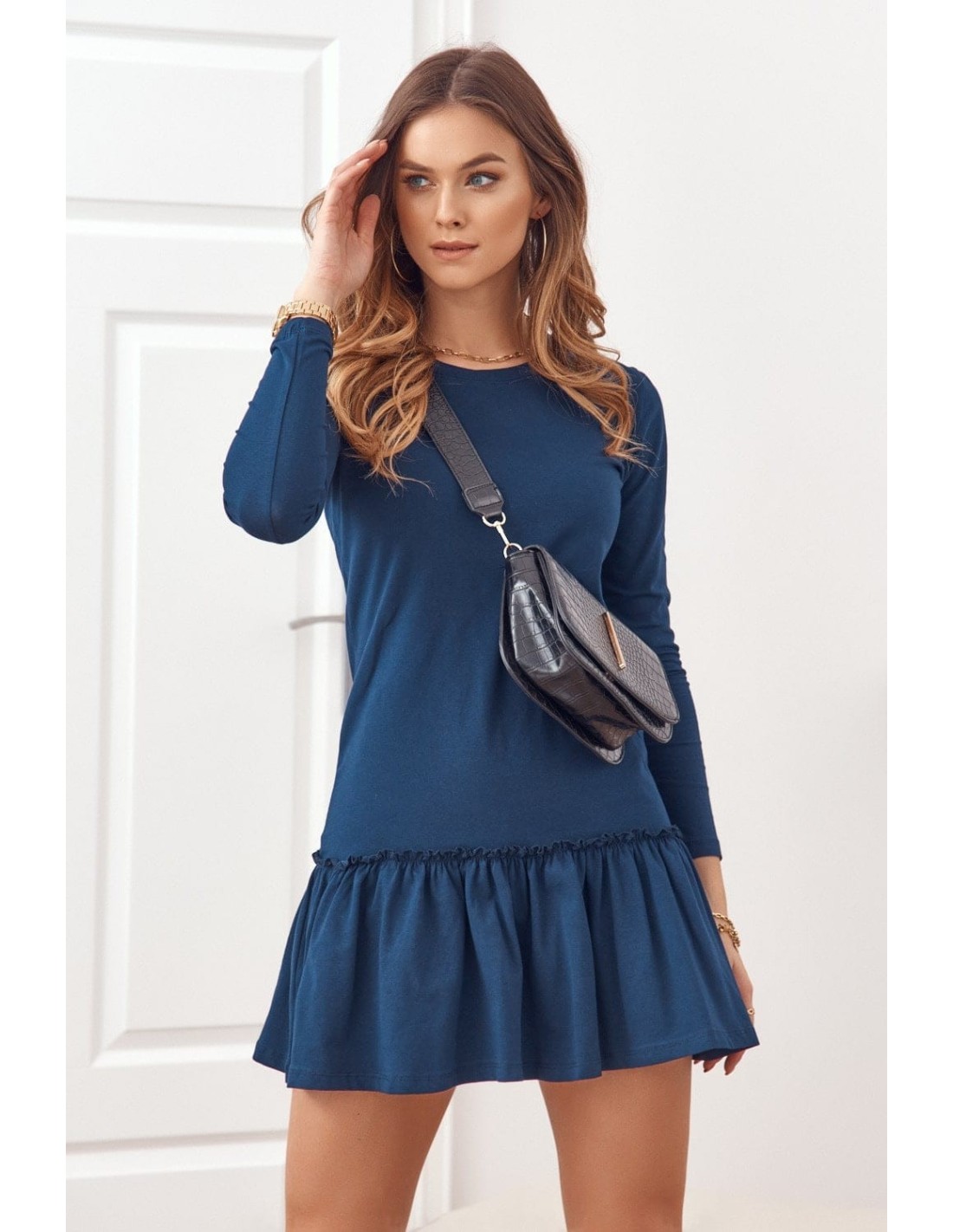 Kleid mit Rüschen und langen Ärmeln, Marineblau FK555 – Online-Shop – Boutique